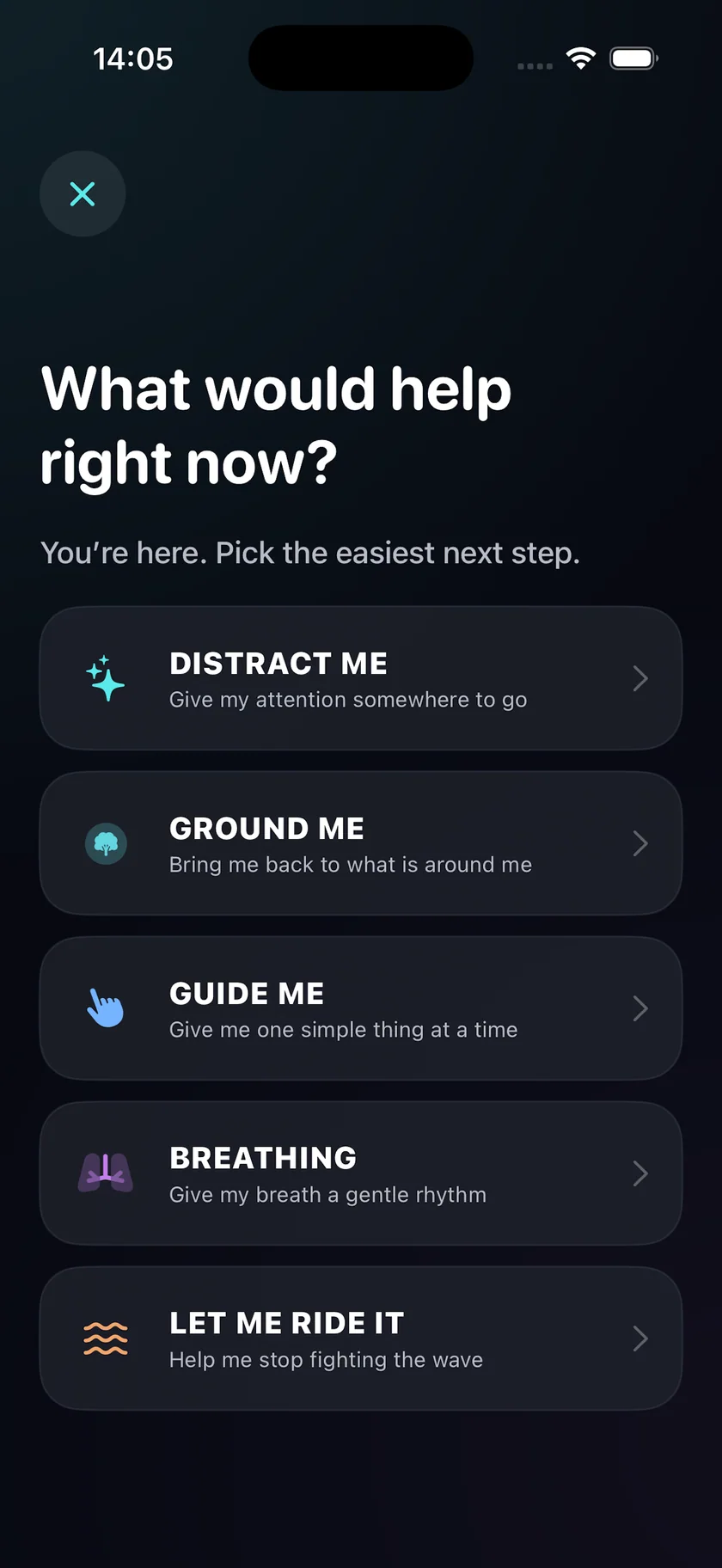 Panic Ease Help Me Now choices