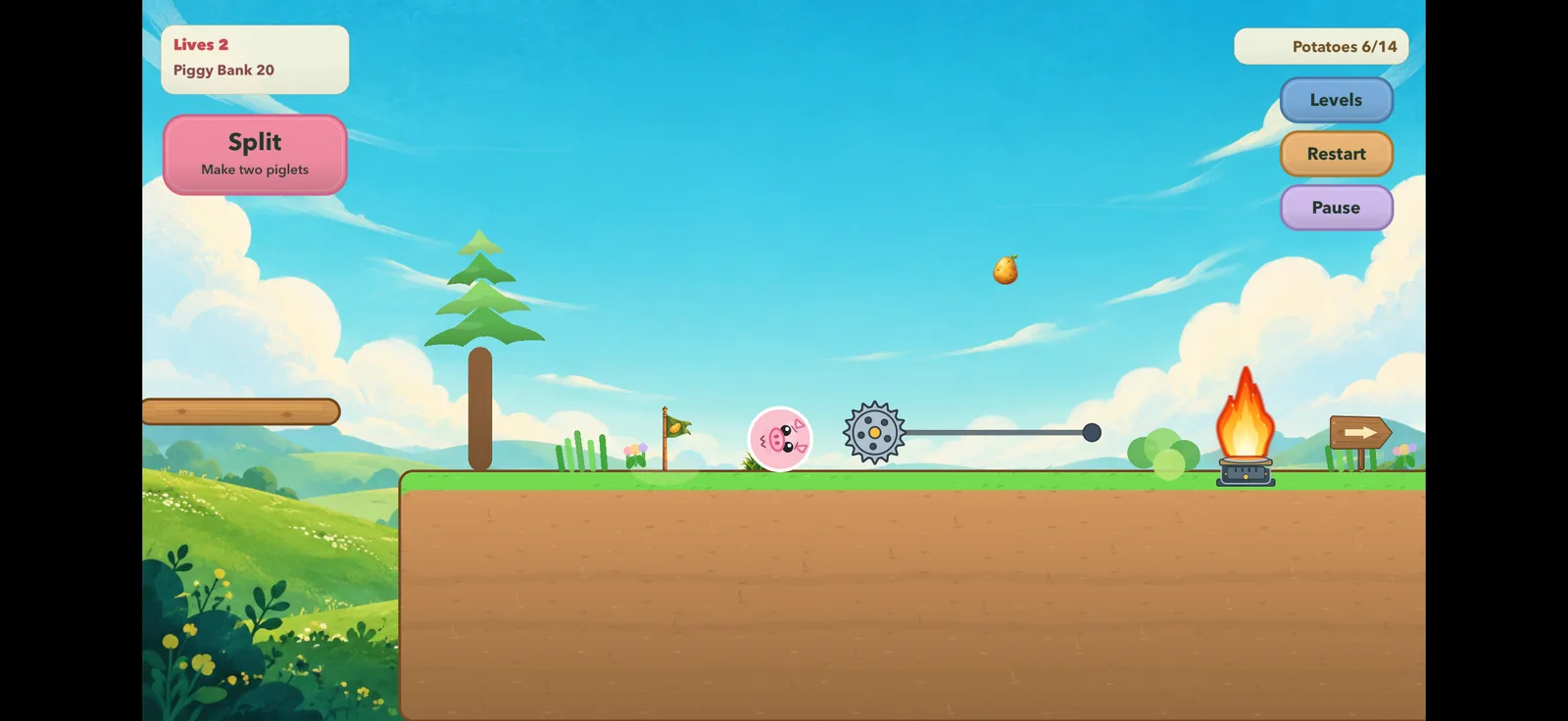 PigVille gameplay with a swinging saw, a fire jet and a potato to collect
