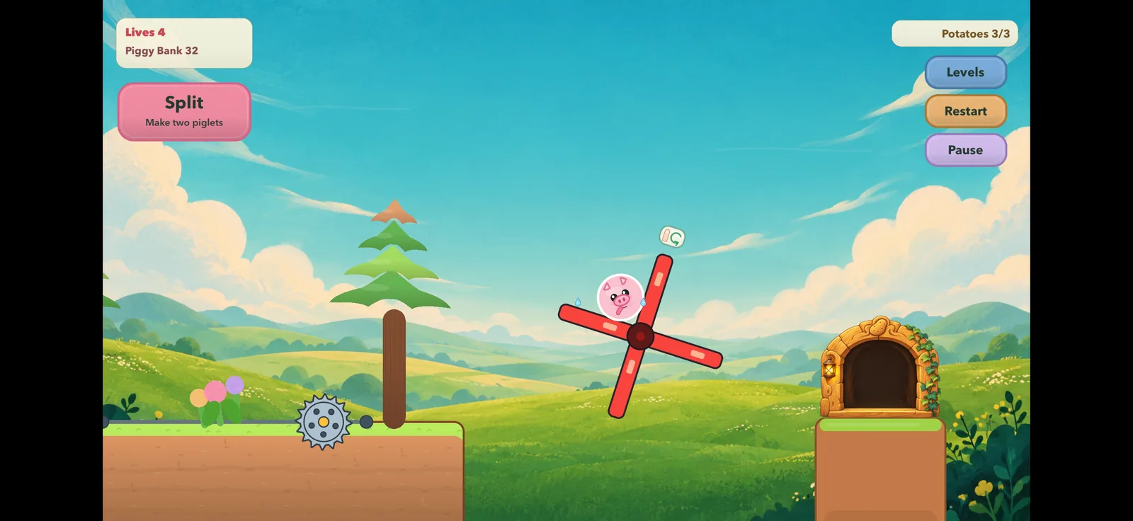 PigVille's little pink pig balancing on a rotating wheel beside a saw and an exit door